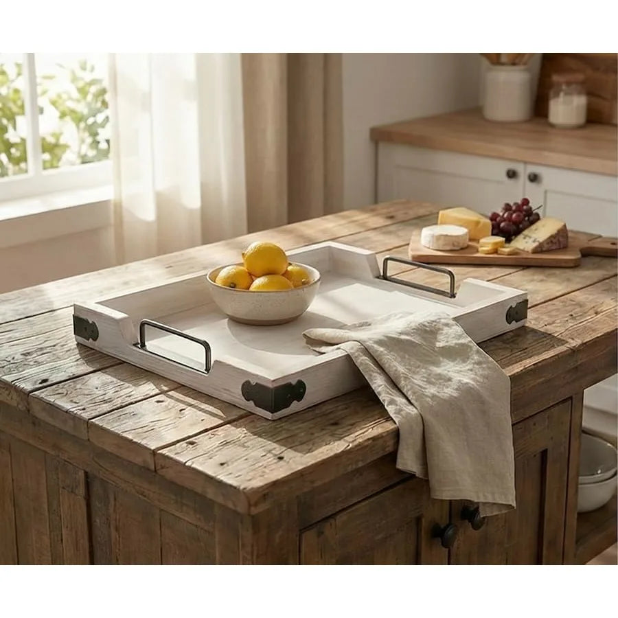 Vintage Wooden Serving Tray with Metal Handles