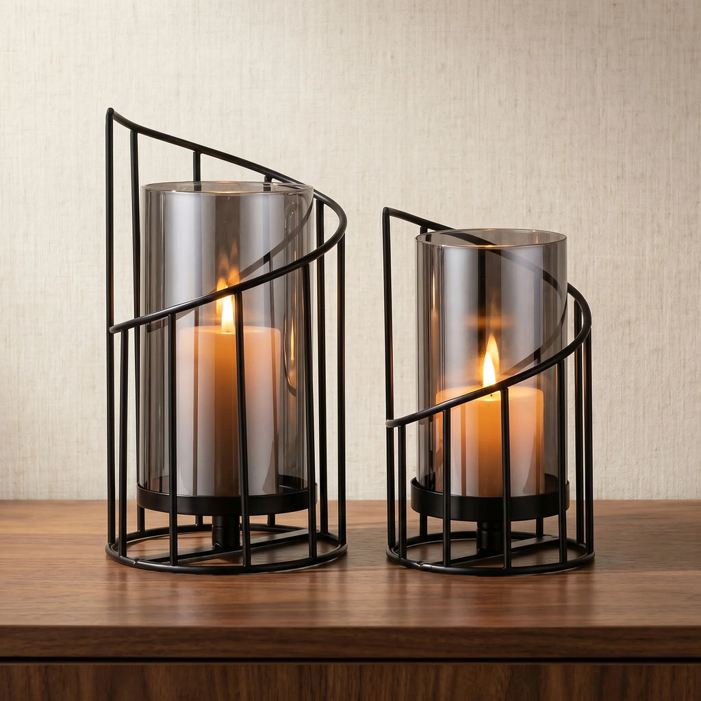 Black Spiral Glass Candle Holders Set with Vase