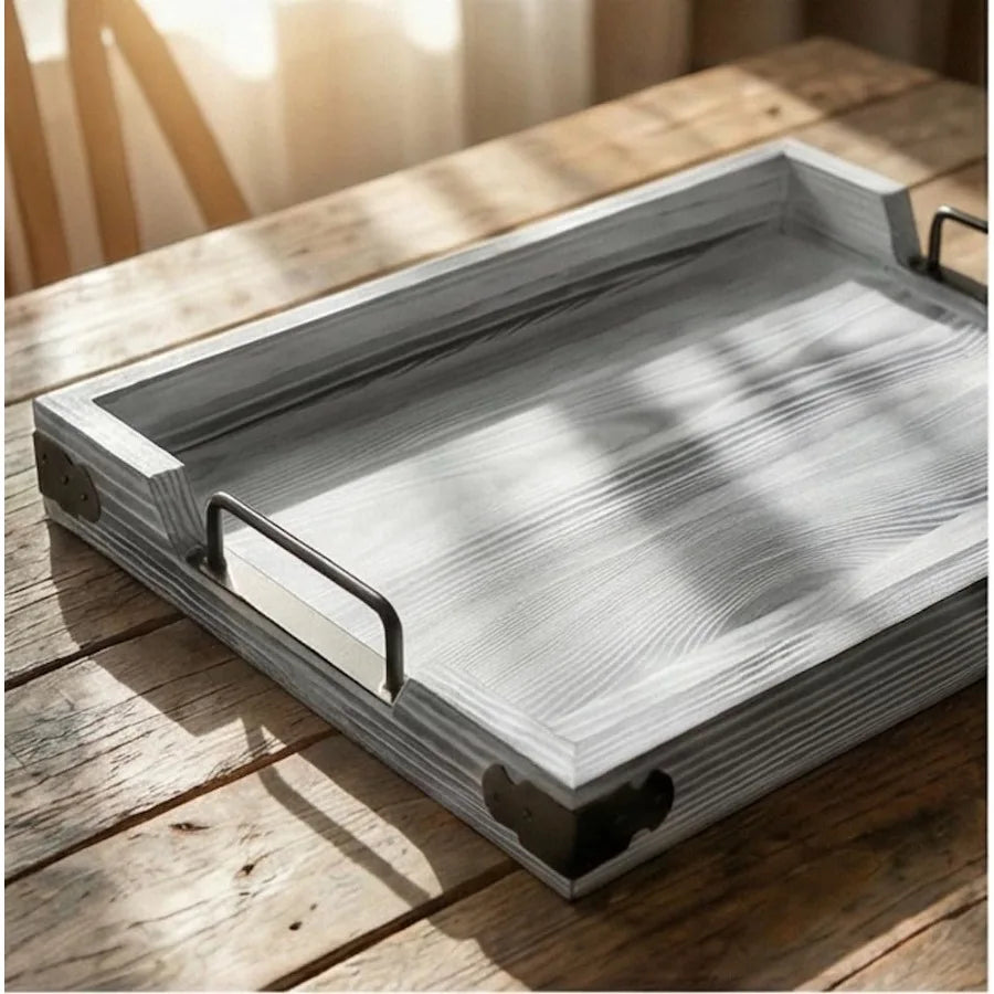 Vintage Wooden Serving Tray with Metal Handles