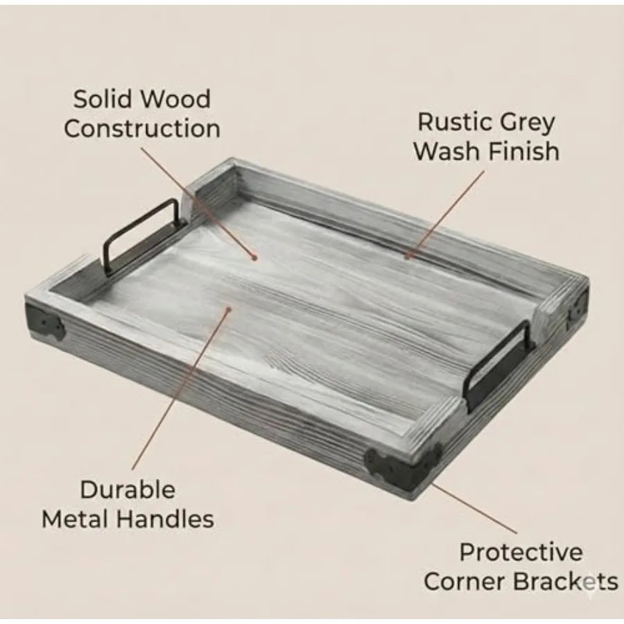 Vintage Wooden Serving Tray with Metal Handles