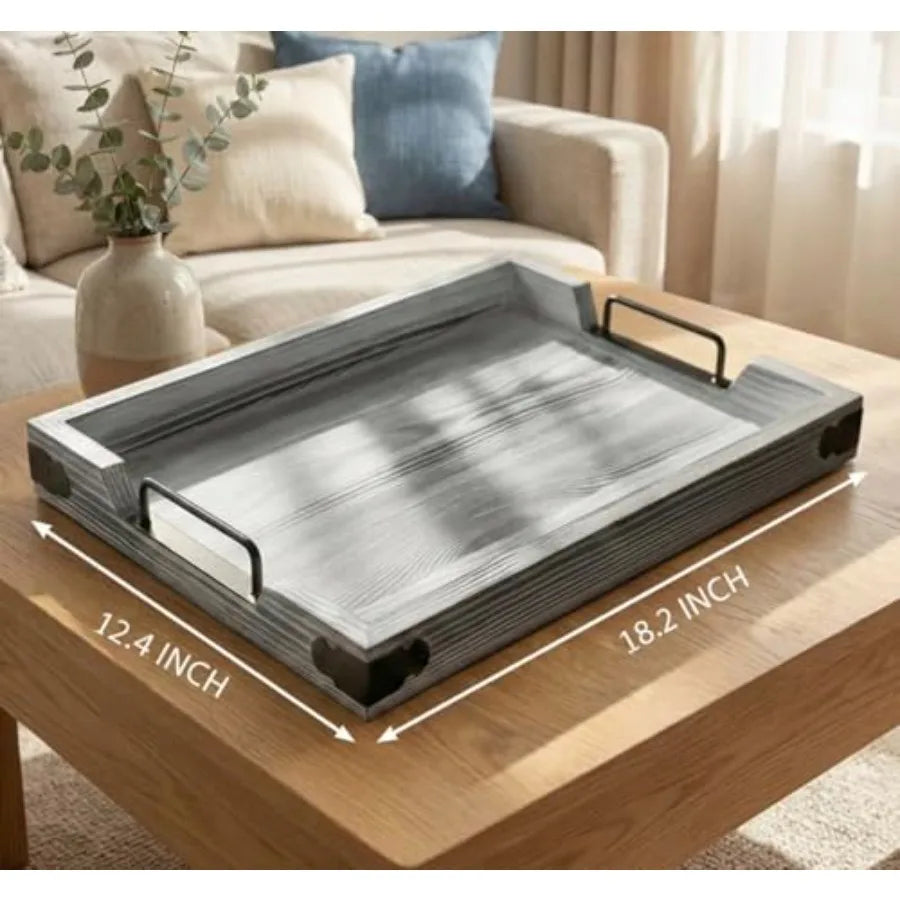 Vintage Wooden Serving Tray with Metal Handles