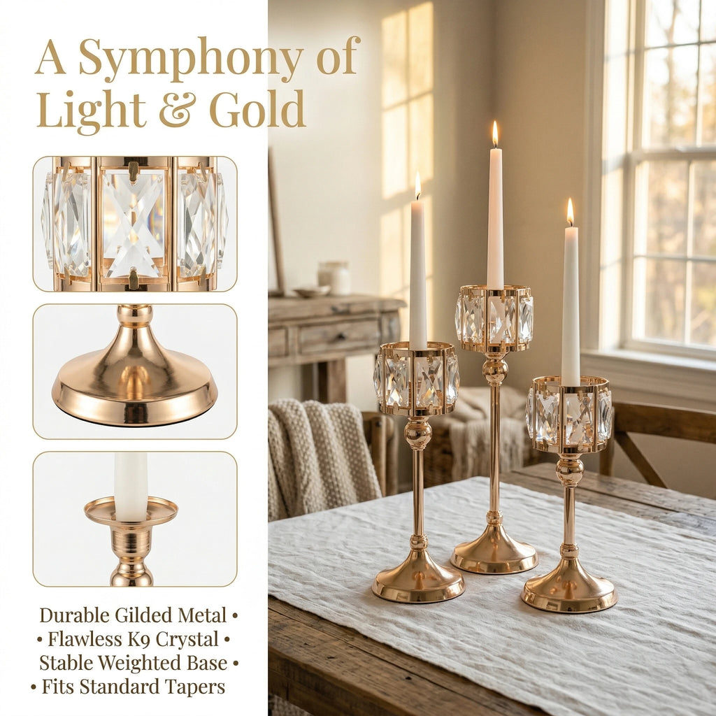Luxury Crystal Gold Taper Candle Holders Set