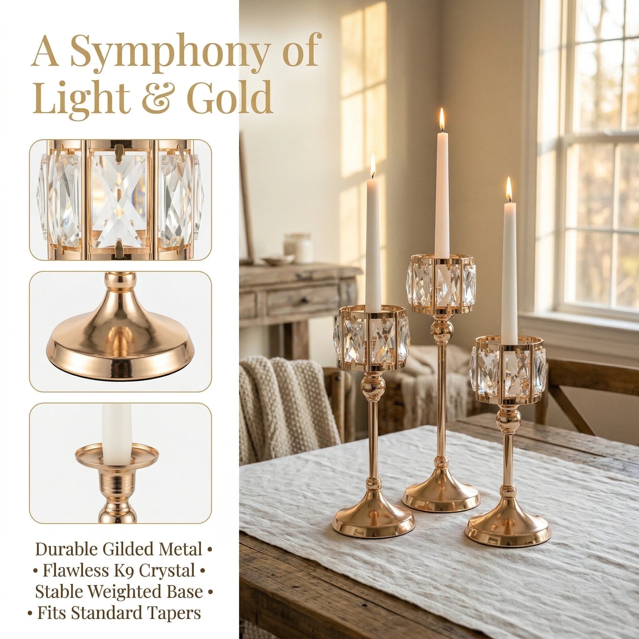Luxury Crystal Gold Taper Candle Holders Set