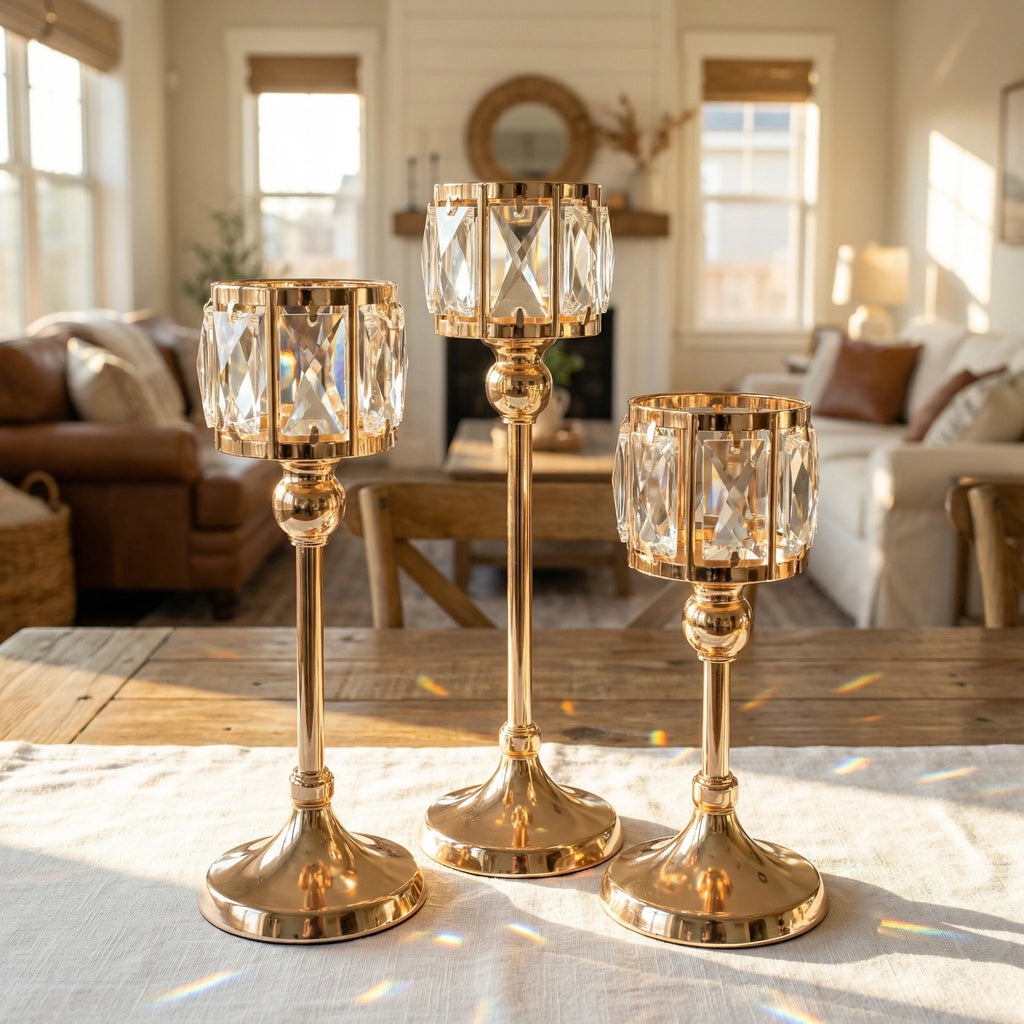 Luxury Crystal Gold Taper Candle Holders Set