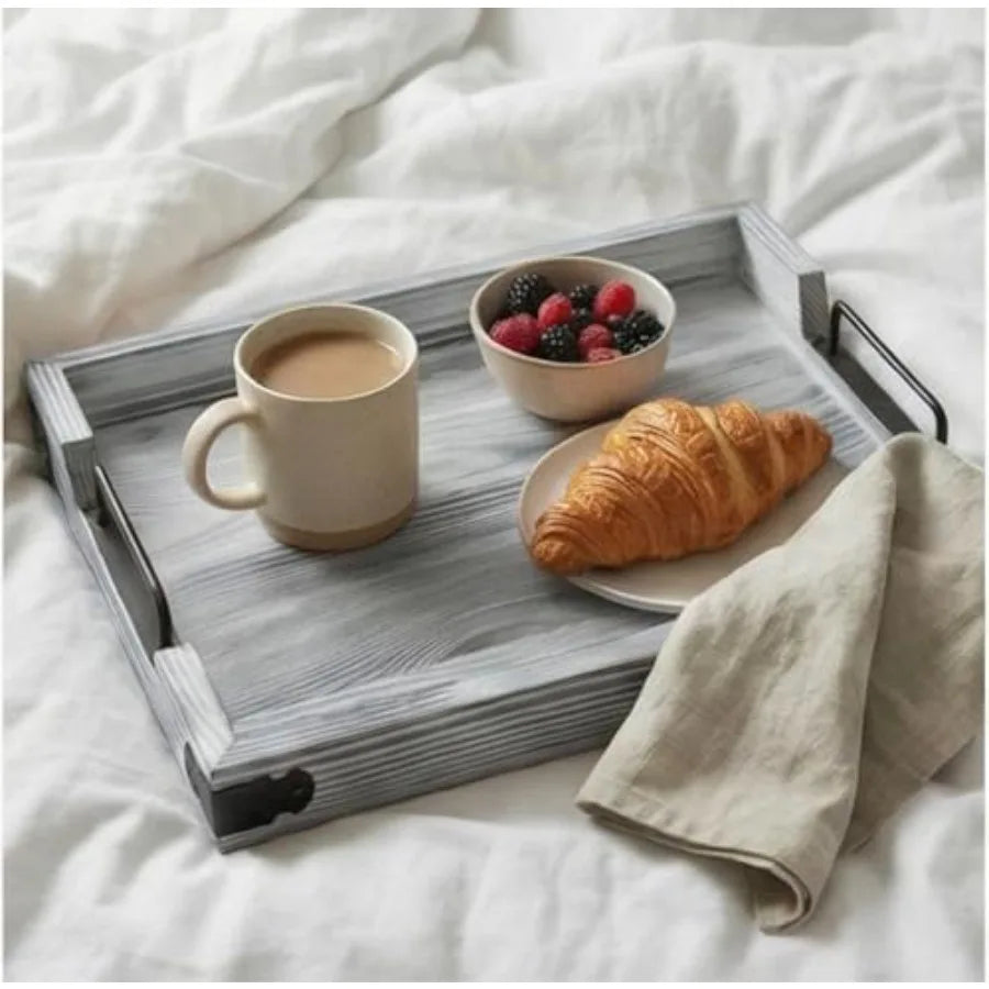 Vintage Wooden Serving Tray with Metal Handles